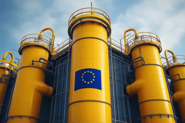 Yellow industrial silos with railings and pipes, EU flag displayed under cloudy sky