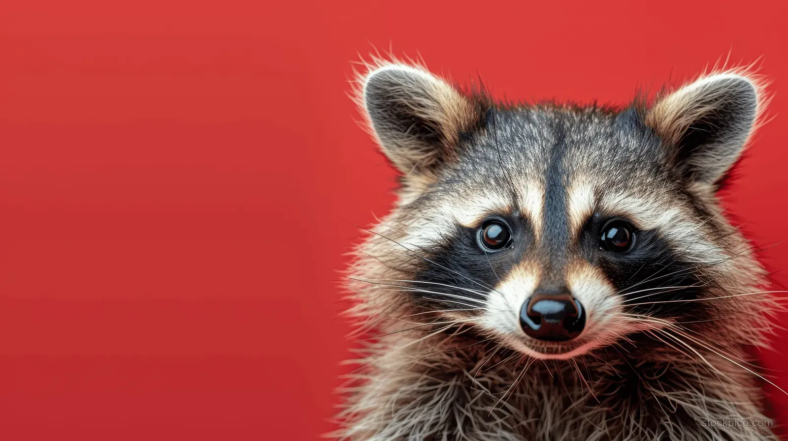 Raccoon peeking toward the camera with curious blue eyes against a solid red background.