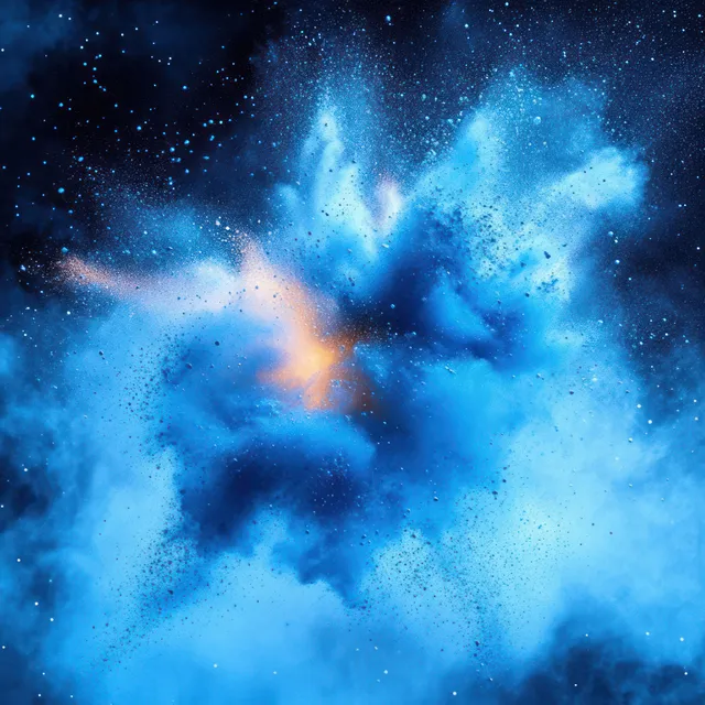 Blue powder explosion with an orange center sends fine particles through a swirling smoky cloud on a dark background.