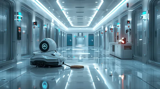 A futuristic cleaning robot navigates a sterile hospital corridor, showcasing automated hygiene and maintenance technology.