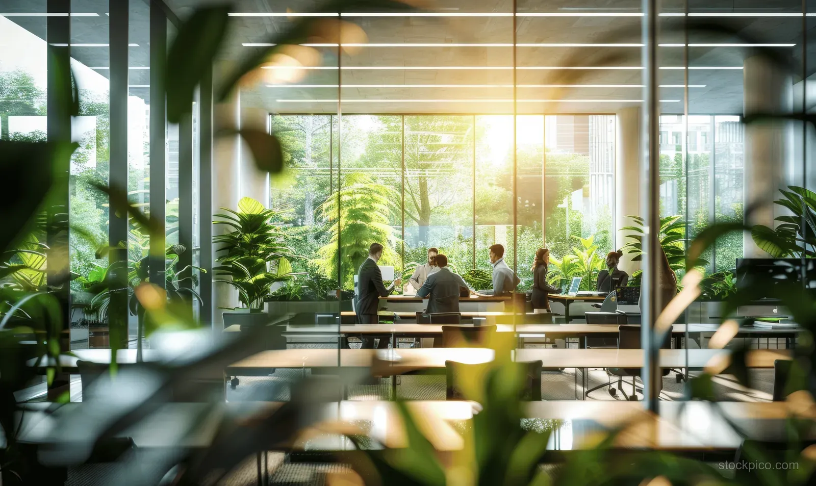 Defocused office colleagues walk past green plants in a bright glass atrium with meeting tables in view.