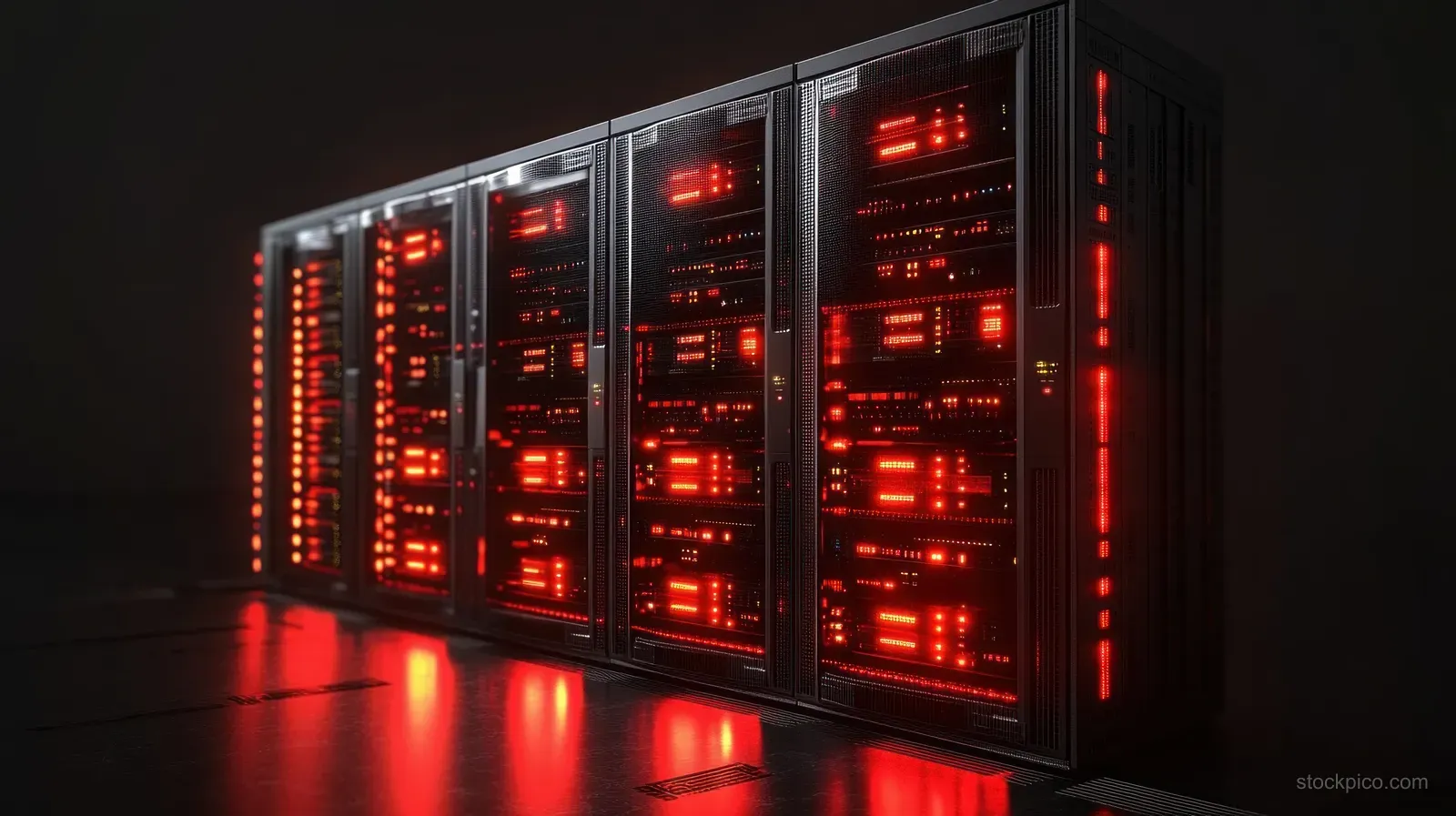 Red LED illuminated server racks stand in a dark, futuristic data center, showcasing advanced IT infrastructure and networking hardware.