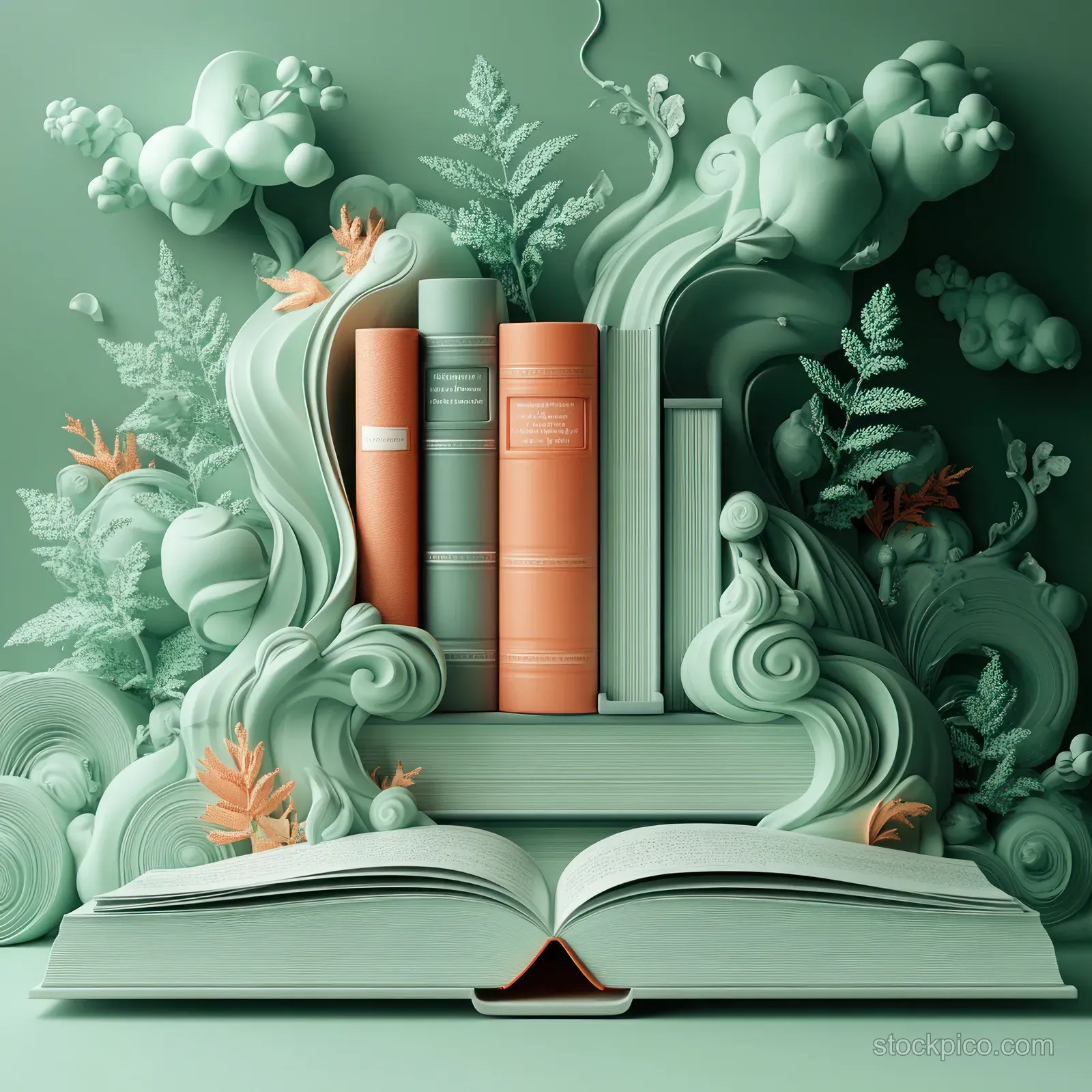 Open book with floating pages and curled ribbon-like spirals around a laptop on a mint-green background.