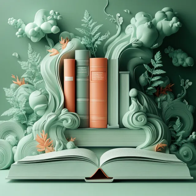 Open book with floating pages and spirals beside a laptop on mint-green backdrop