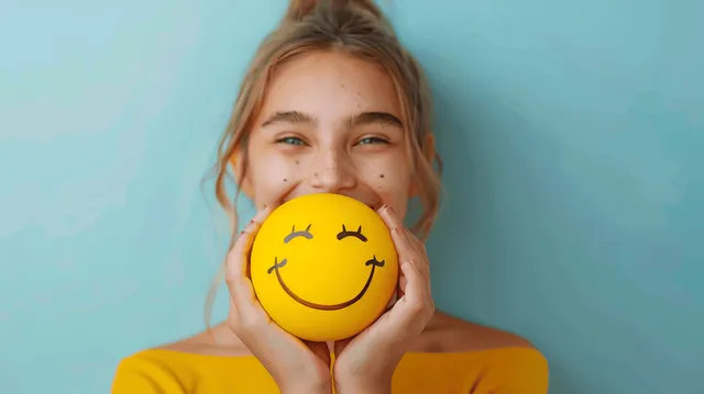 Young girl holding a yellow smiling-face balloon against a light blue background.