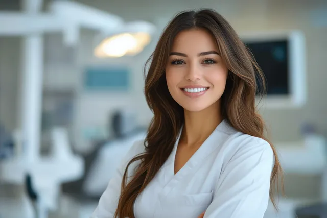 A smiling young female dentist in a white coat stands in a modern dental clinic with soft-lit, blurred equipment in the background.