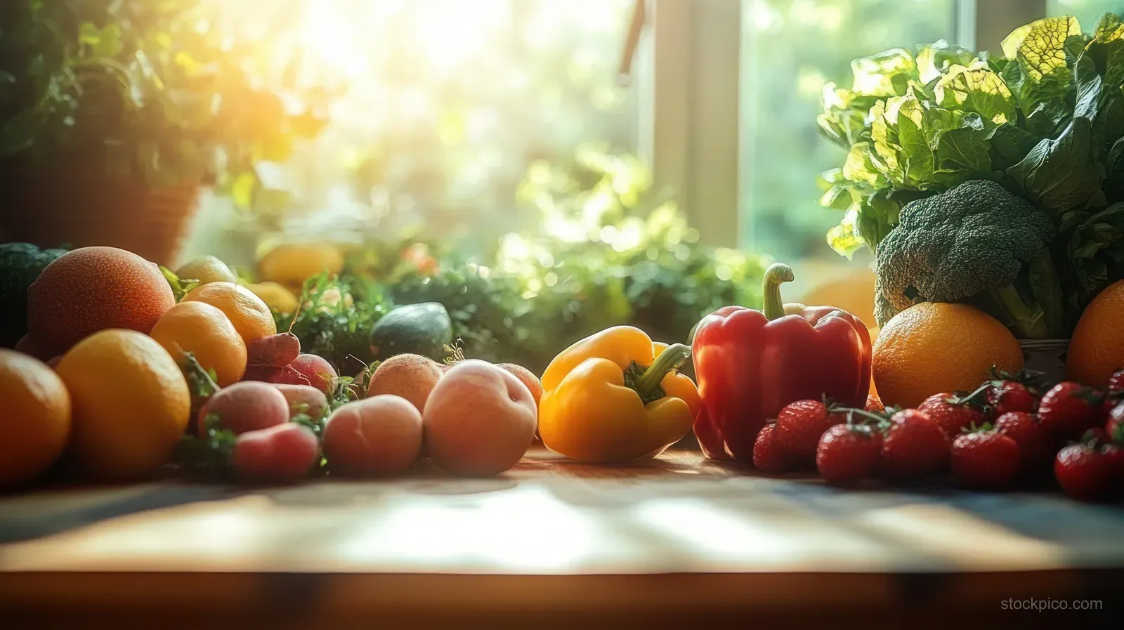 Fresh fruits and vegetables arranged on a sunlit kitchen counter near a bright window.
