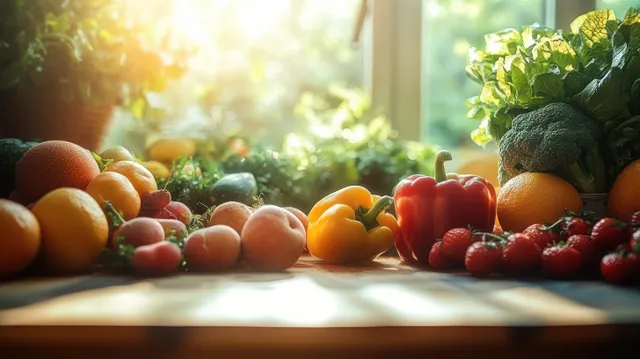 Sunlit countertop piled with fresh fruits and vegetables, warm kitchen window glow