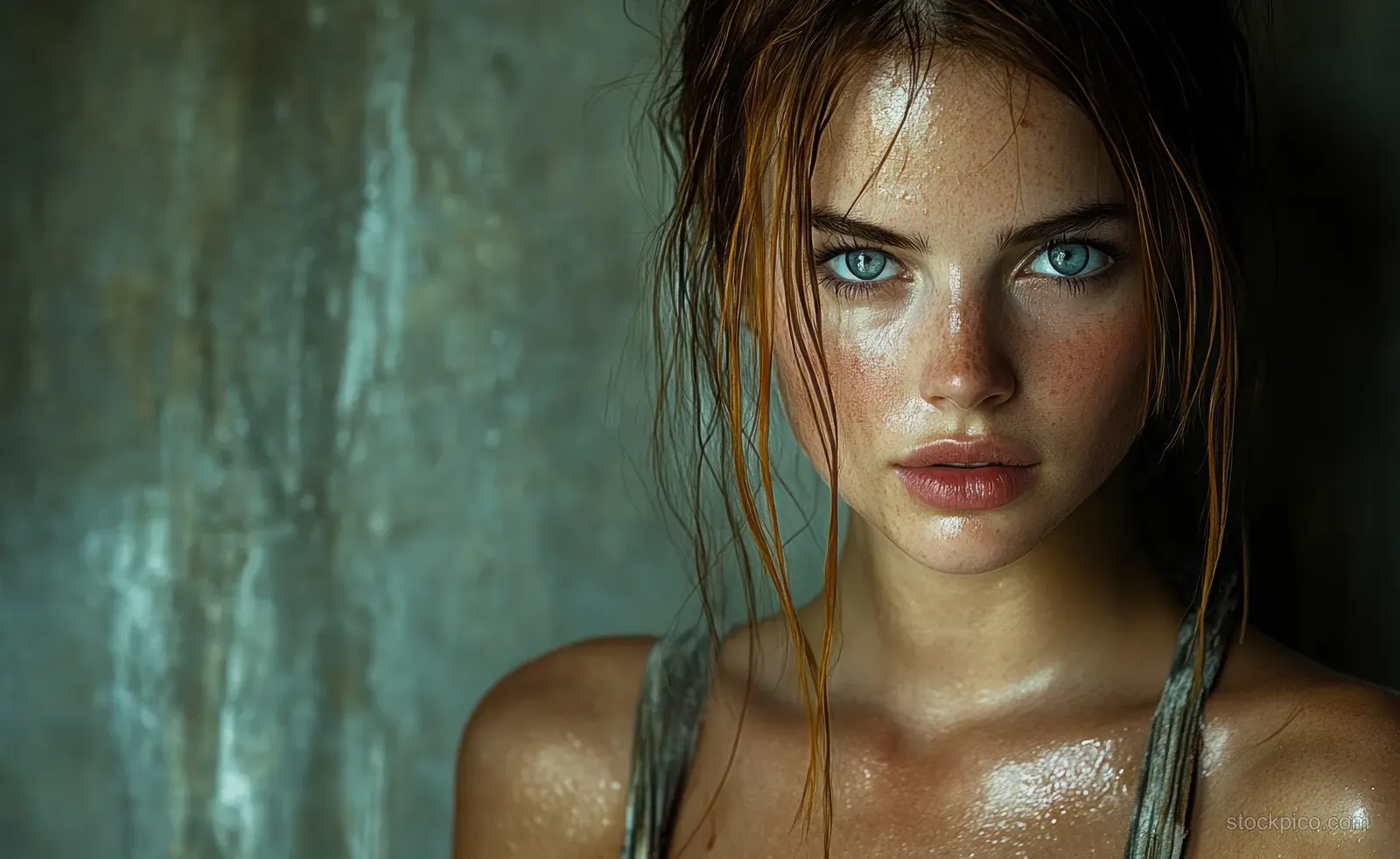 Close-up portrait of a woman with glossy lips and red heart paint under a dark, wet background.