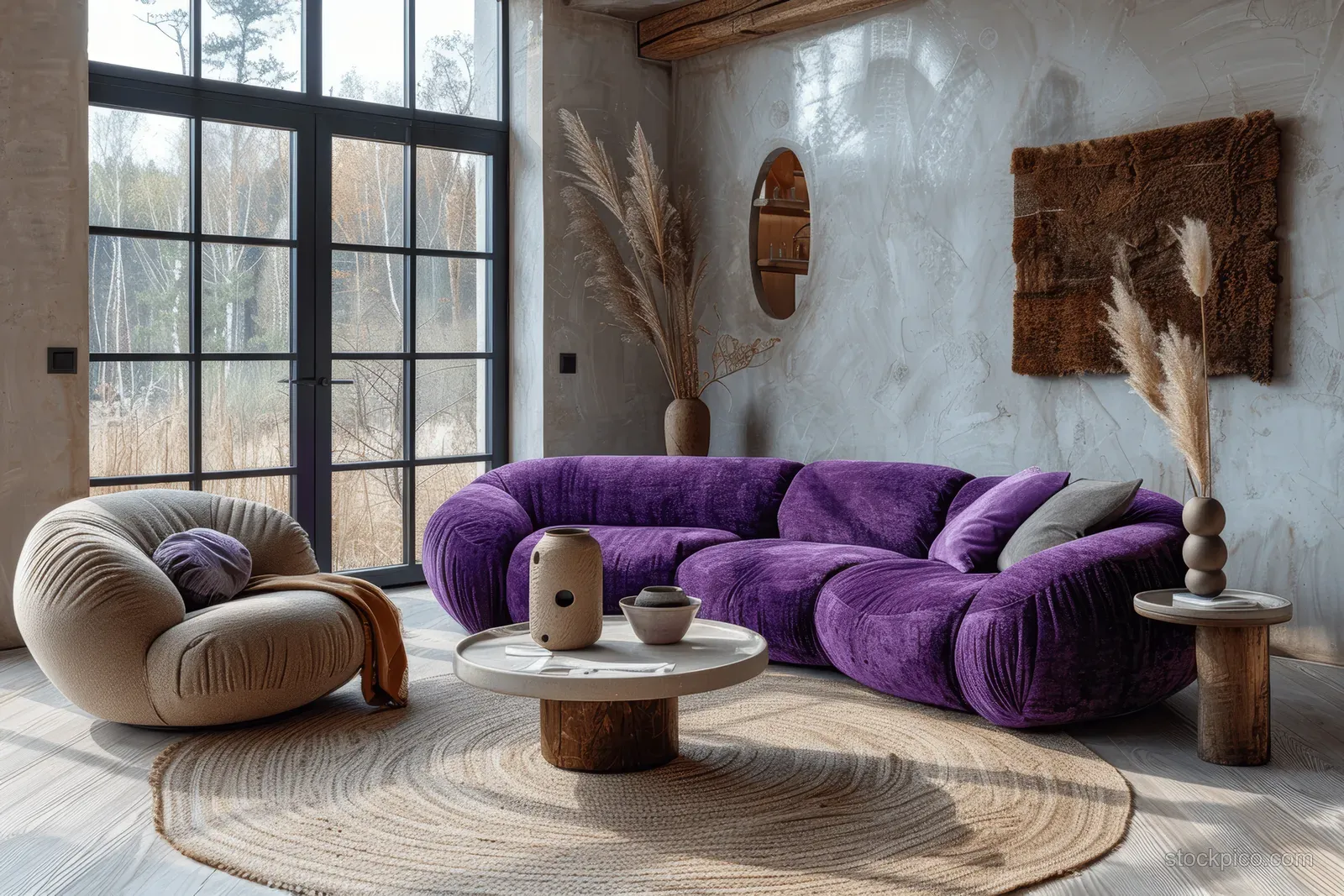 Violet sofa and beige armchairs around a round coffee table in a bright living room with tall grid windows.