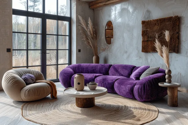 Violet sofa and beige armchairs around a round coffee table in a bright living room with tall grid windows.