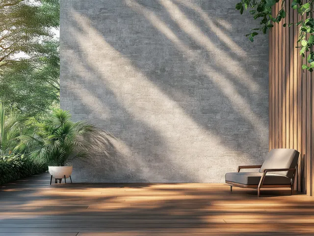 Sunlit terrace with concrete wall, wooden floor, lounge chair, and potted plant beside soft leaf shadows.