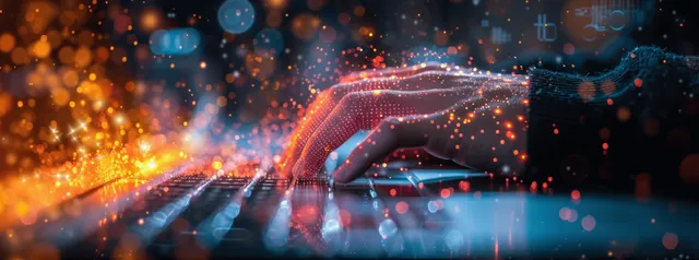 Glowing hand over laptop keyboard amid network nodes and data streams in cyberspace