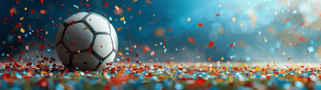 Black-and-white soccer ball bursting through confetti on a blue match-celebration background