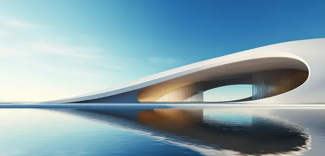 A sweeping futuristic concrete bridge-like building spans reflective water beneath a bright blue sky.