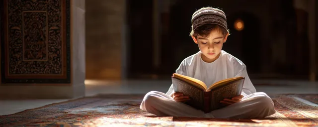 A young Muslim boy reads the Quran while sitting on a patterned prayer rug inside a softly lit room.