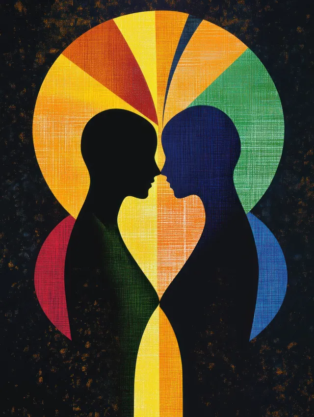 Two facing human silhouettes touch foreheads in profile over overlapping colorful circle segments.