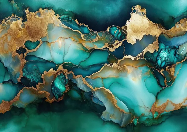 Teal and gold marbled fluid art swirl with metallic veining and glowing texture