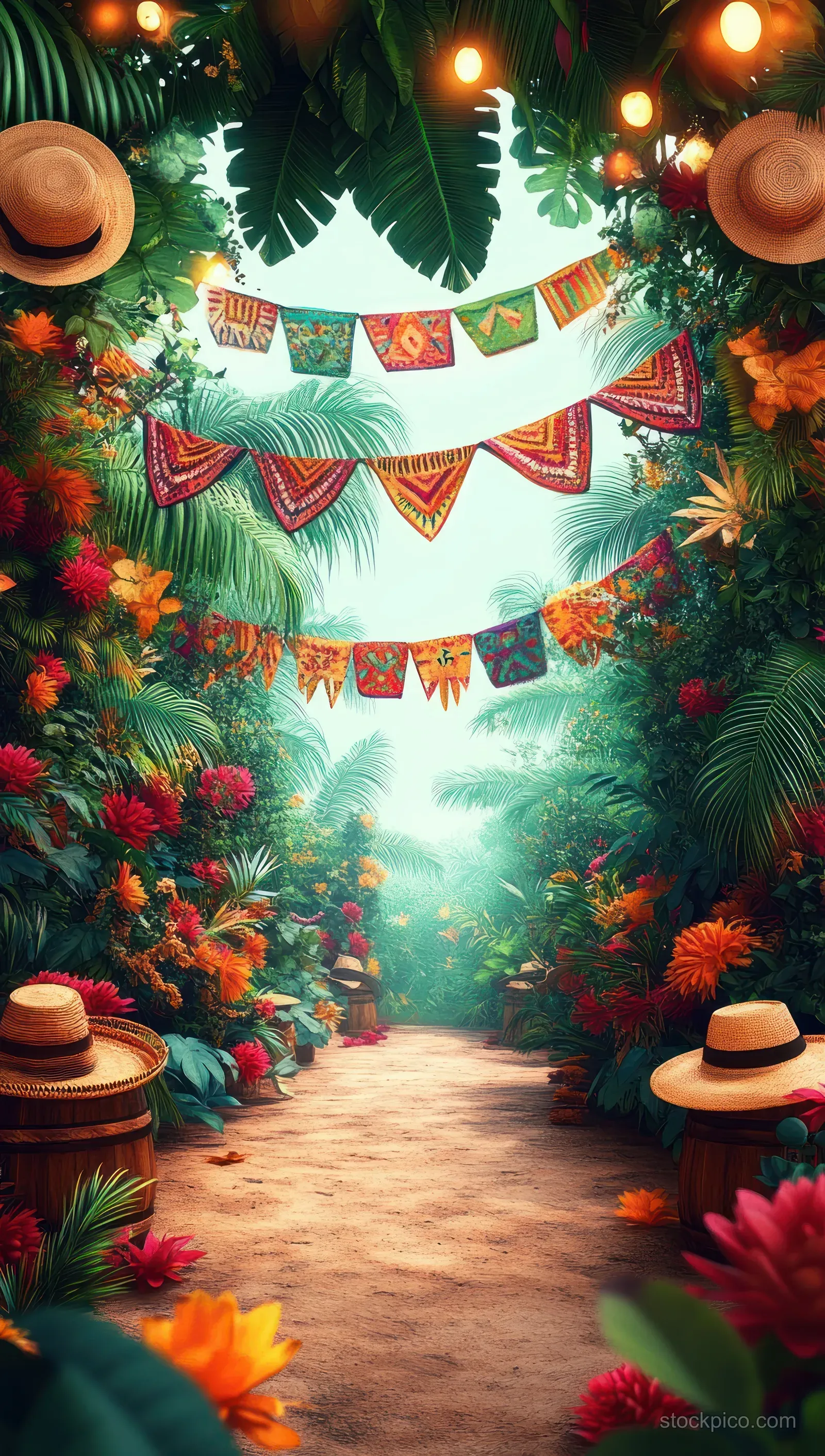 A dirt path through lush tropical plants with colorful hanging flags and straw hats along the sides.
