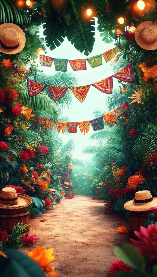 A dirt path through lush tropical plants with colorful hanging flags and straw hats along the sides.