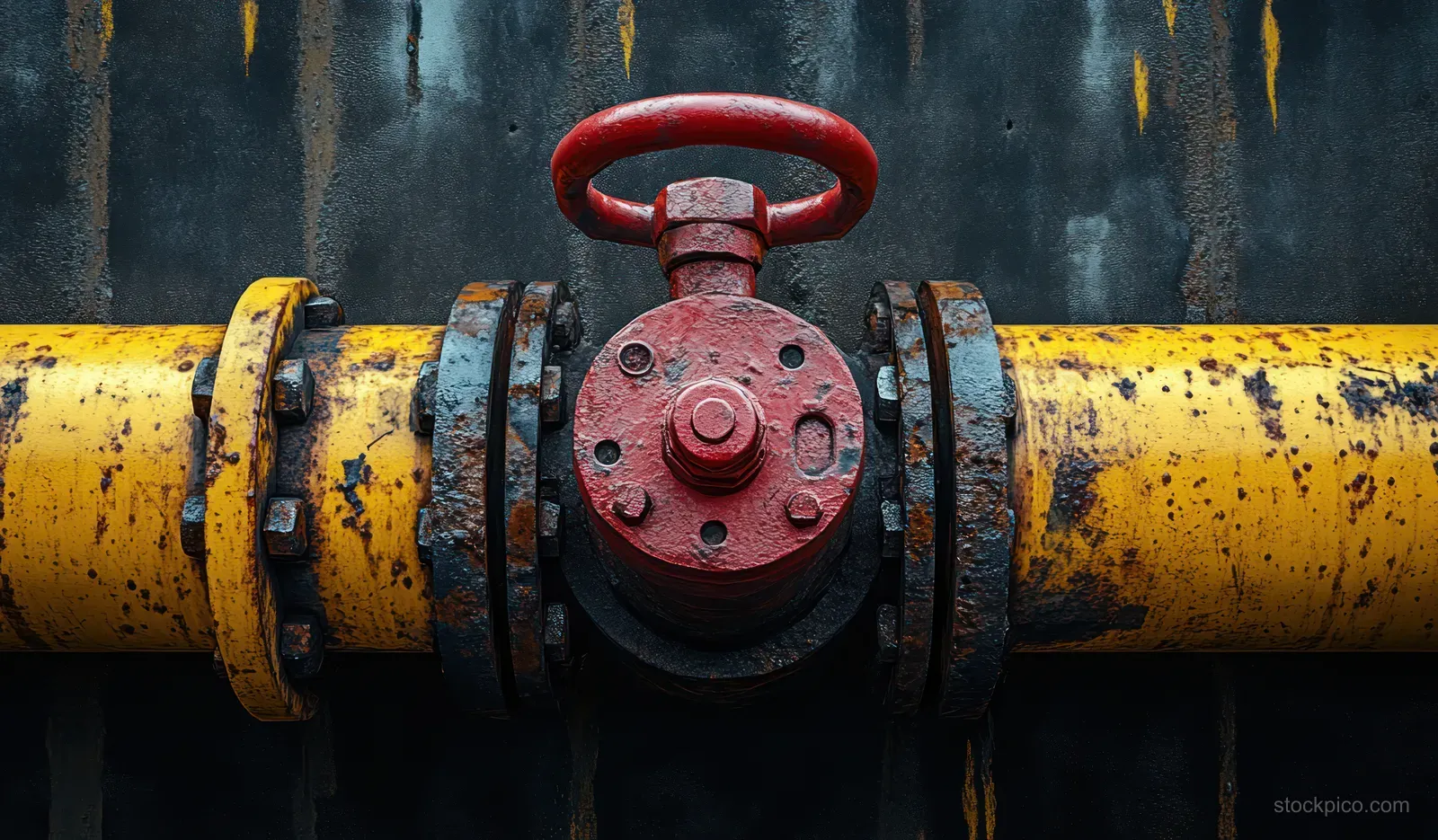 Close-up of a red valve handwheel mounted on a yellow gas pipeline with bolted flanges against a dark industrial backdrop.