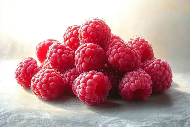 Close-up pile of ripe red raspberries with natural soft light and visible drupe texture