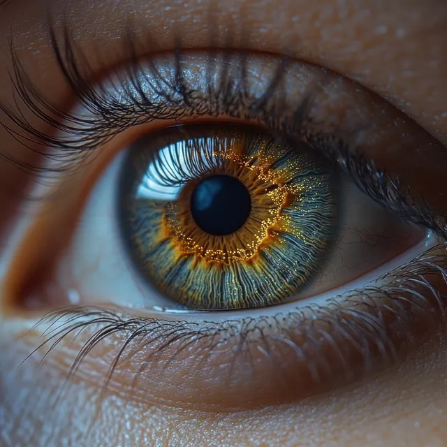 Extreme close-up of a human eye showing blue and amber iris details, eyelashes, and textured eyelid skin.