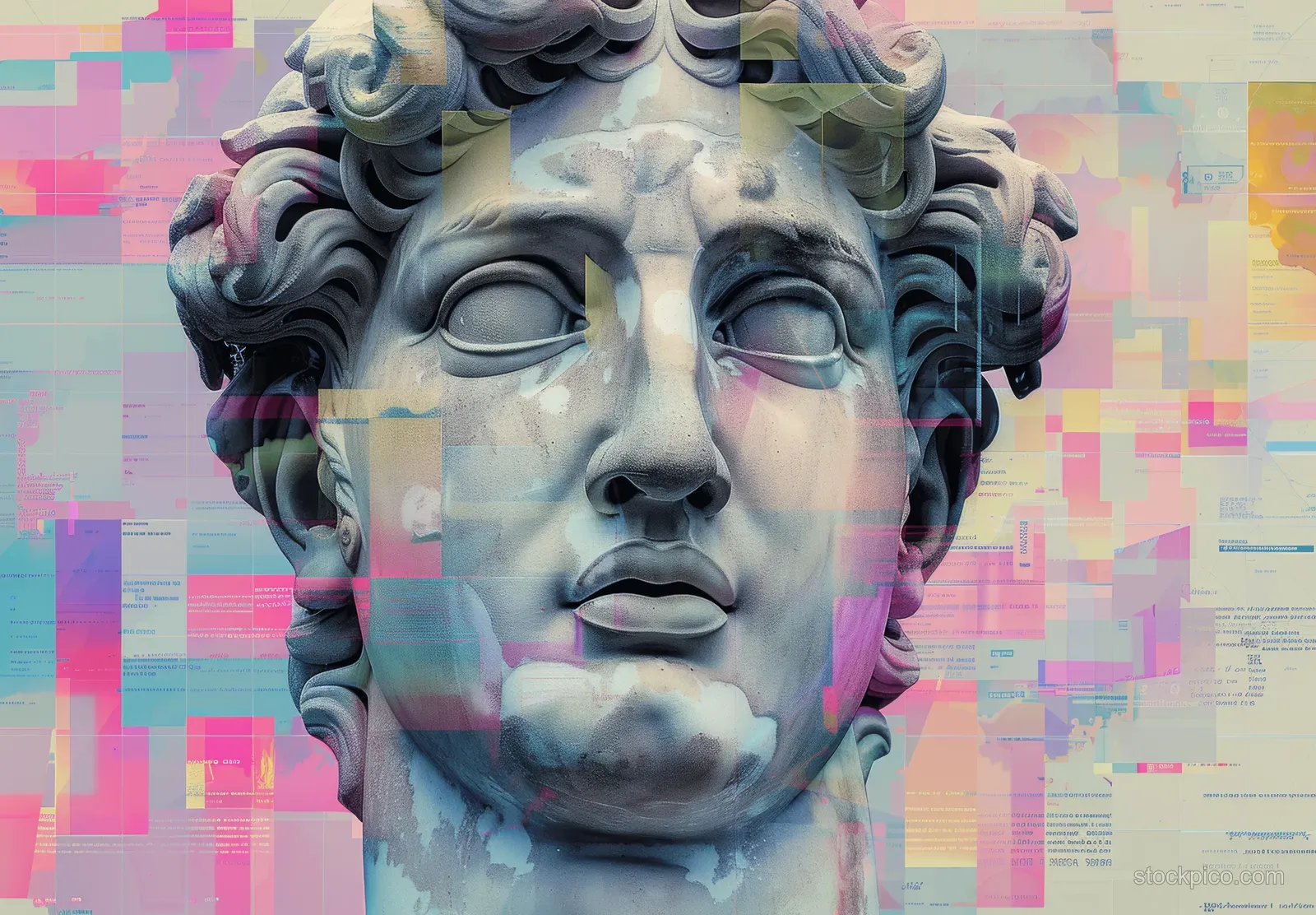 A glitch-art reinterpretation of an ancient Greek bust featuring pastel cyber colors and digital AI/VR elements.