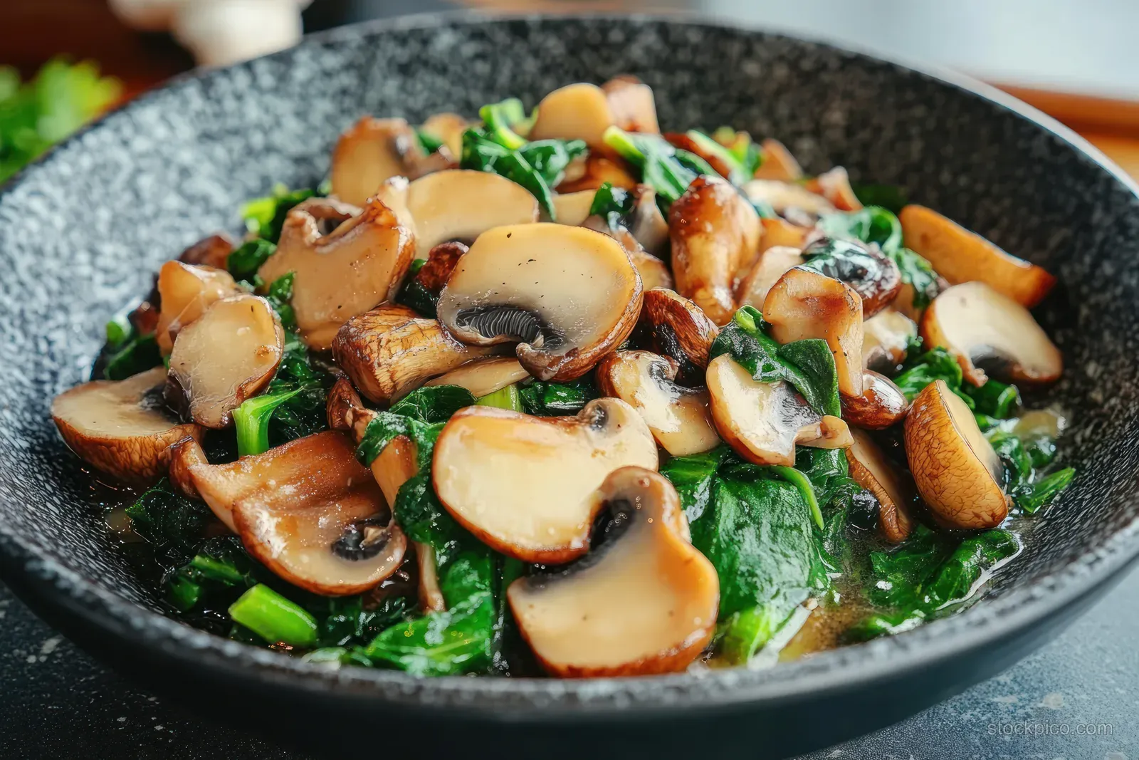 Stir-fried mushrooms and bok choy in garlic sauce served in a dark bowl with herbs.