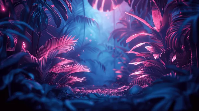 Neon pink and blue tropical leaves glow around a misty fantasy jungle path at night.