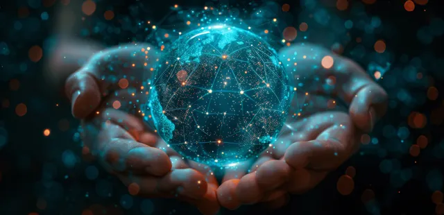 Hands hold a glowing digital globe connected by network lines, symbolizing AI, cloud computing, and global digital transformation.