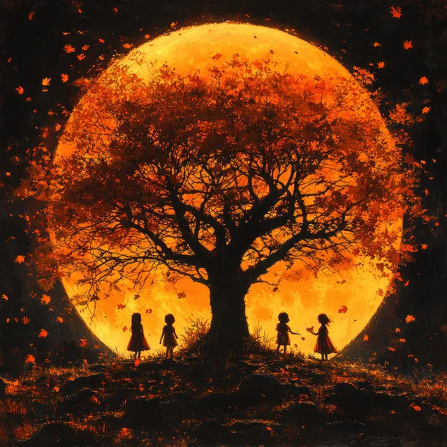 Children stand beneath a silhouetted tree under a glowing full moon while leaves fall around them.