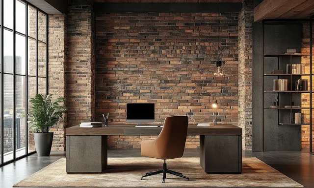 Wooden office desk and leather swivel chair in an exposed brick room by tall windows