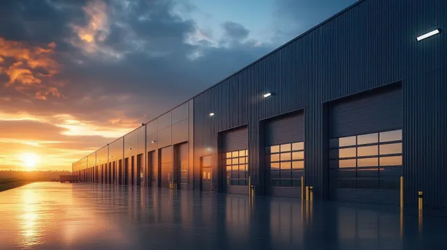 Modern warehouse facade at sunset with glowing lights and reflections on rain-slick pavement.