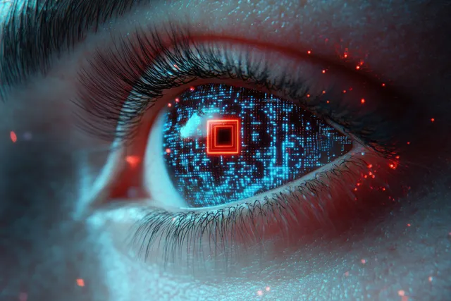 Macro human eye reflecting glowing red and blue digital circuitry and pixel matrix patterns.