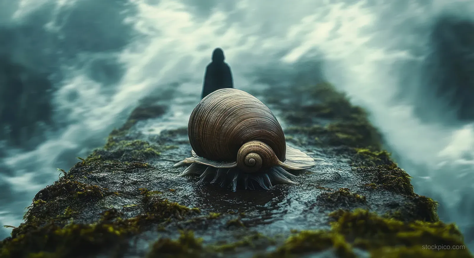 A snail crawls over wet moss on a stone pier as a blurred figure overlooks churning waves.