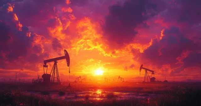 Silhouetted oil pumpjacks in a desert oilfield with a fiery sunset sky and smoky clouds.