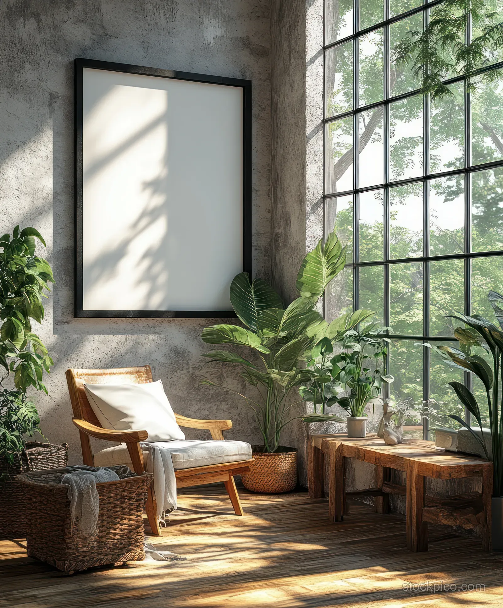 Black-framed minimalist poster on a wall beside potted plants and wooden chairs in bright natural sunlight.