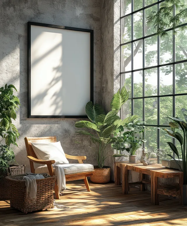 Black-framed minimalist poster on a wall beside potted plants and wooden chairs in bright natural sunlight.
