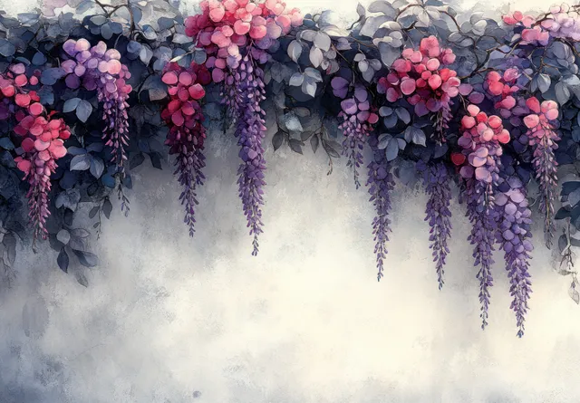 Watercolor wisteria blossoms cascading over white wall with tropical leaves and lianas
