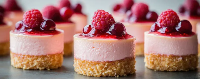 Three round raspberry cheesecake mini desserts on a grey surface topped with fresh raspberries and red berry sauce.