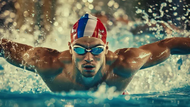 Male breaststroke swimmer powers through water in competition pool