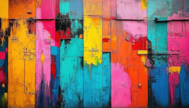 Colorful street art mural with layered graffiti paint and textured urban wall backdrop