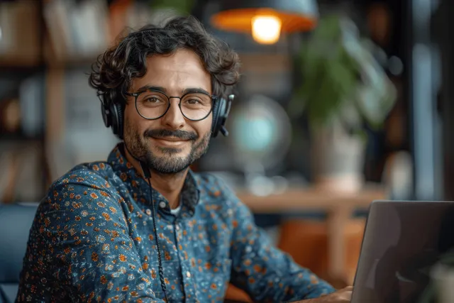 Middle Eastern customer support agent wearing headset talking on laptop in office