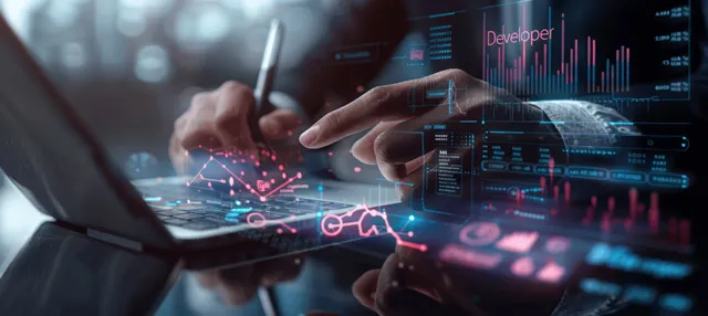 A businessman analyzes financial data on a tablet, surrounded by virtual graphs and charts for strategic planning.