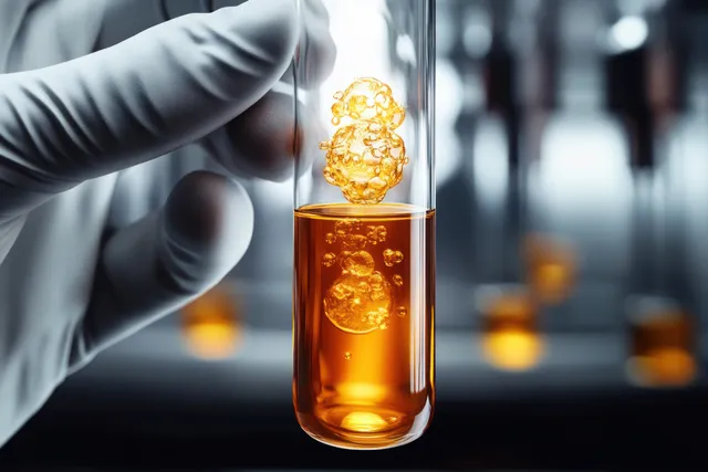 A gloved hand holds a test tube containing bubbling amber liquid in a blurred laboratory setting.