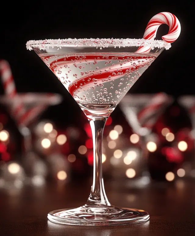 Red martini cocktail with sugar rim and candy cane garnish, sparkling bubbles visible against blurred holiday lights.