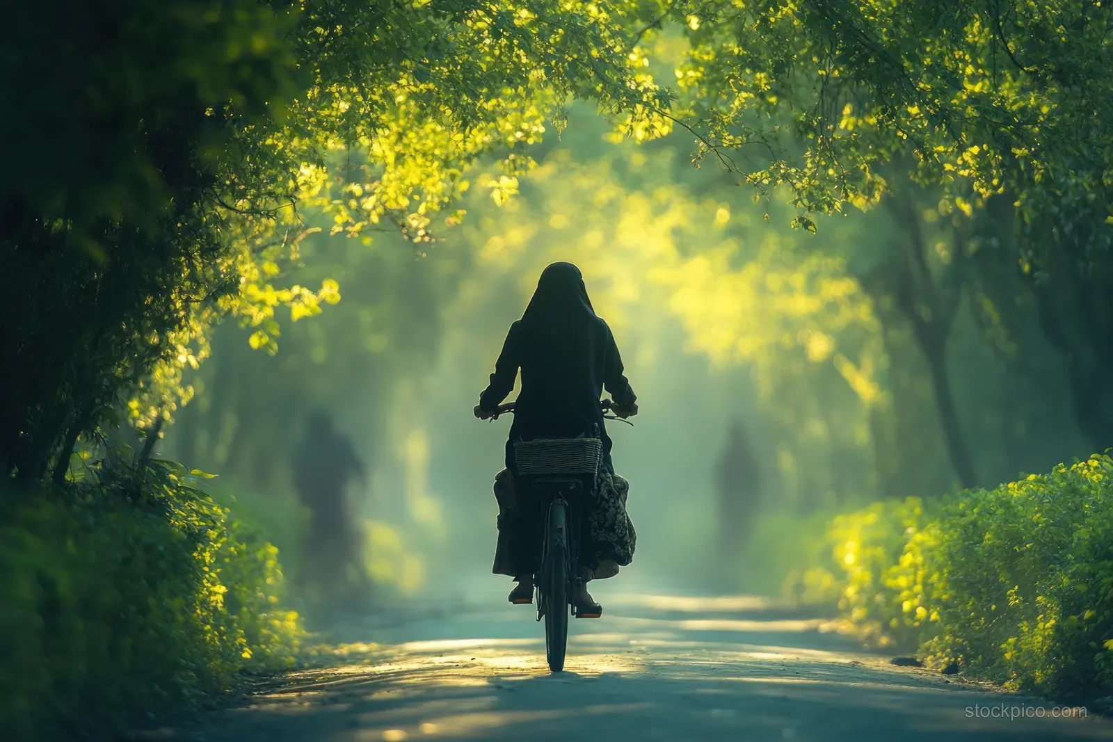 Smiling Indian grandmother rides a bicycle down a sunlit road beneath green tree canopies.