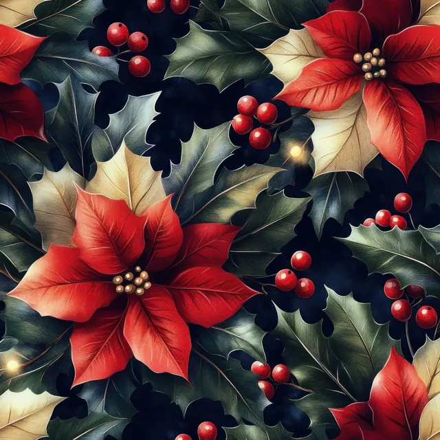Vintage poinsettias and holly seamless pattern on dark festive background