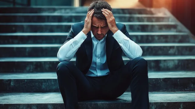 A man in a business suit sits on stone steps with hands on his head, looking stressed outdoors.
